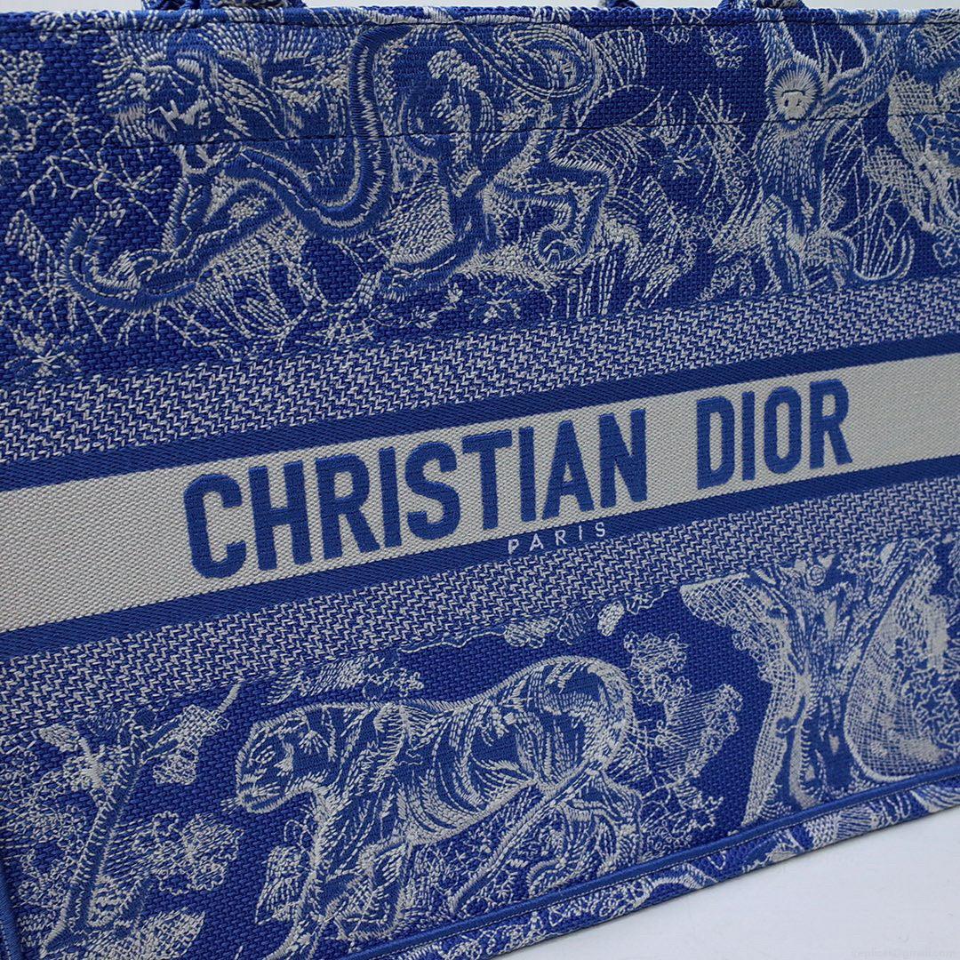 Dior M1296 Book Tote Medium Neon Blue Toile de Jouy Reverse Embroidery
