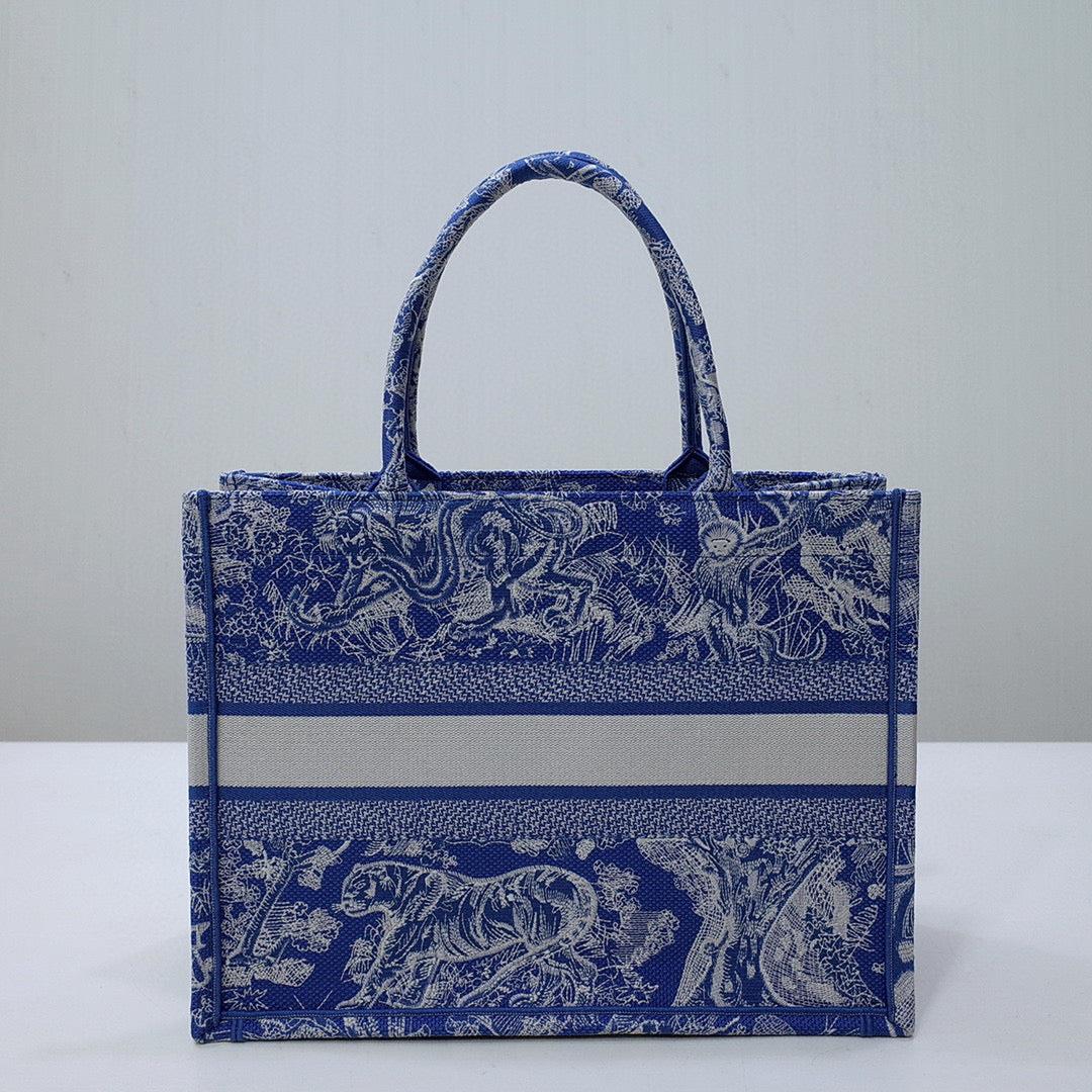 Dior M1296 Book Tote Medium Neon Blue Toile de Jouy Reverse Embroidery