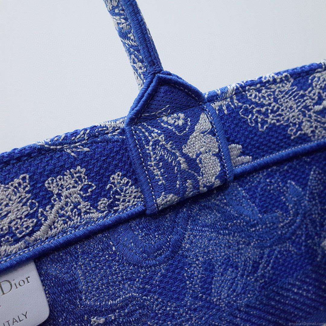 Dior M1296 Book Tote Medium Neon Blue Toile de Jouy Reverse Embroidery