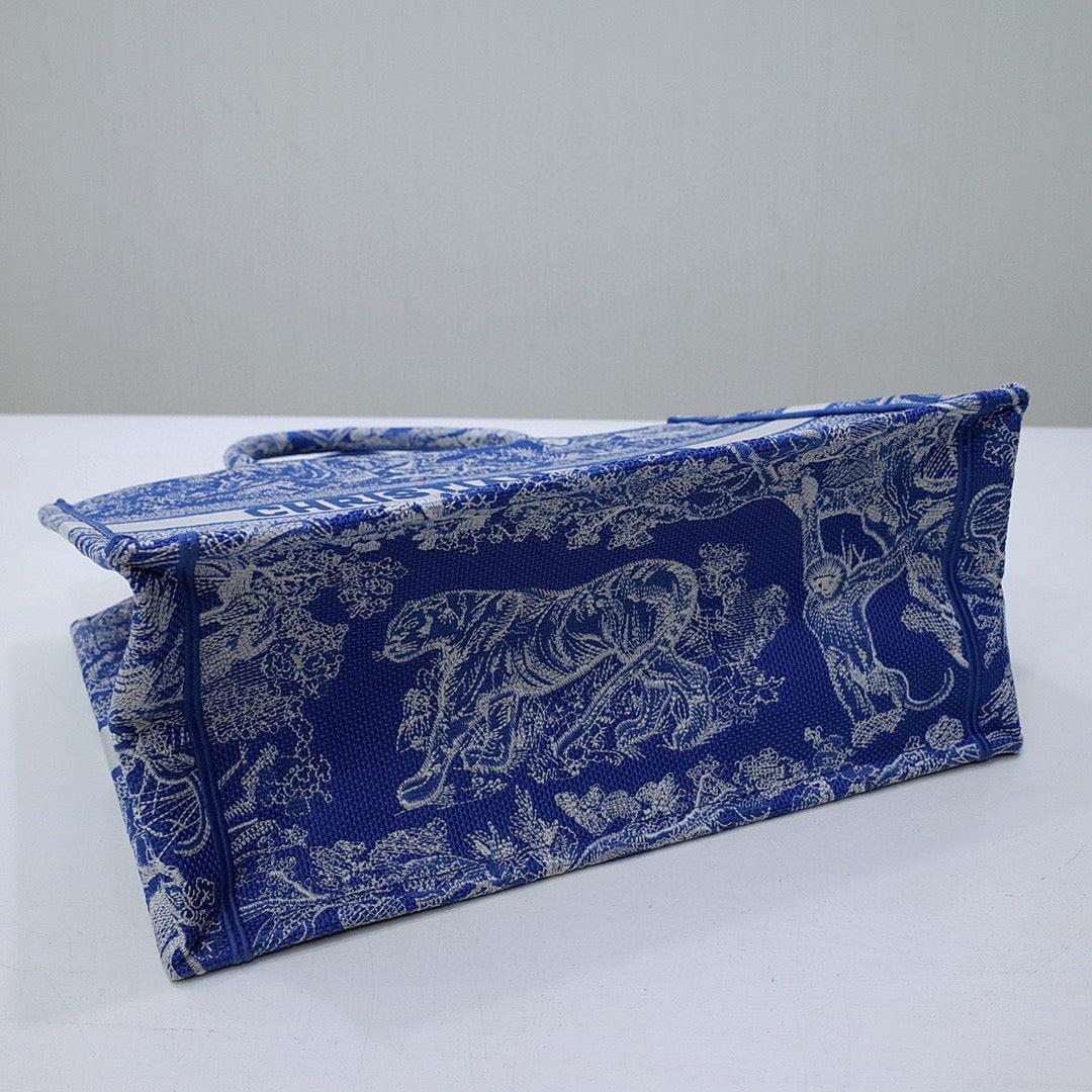 Dior M1296 Book Tote Medium Neon Blue Toile de Jouy Reverse Embroidery