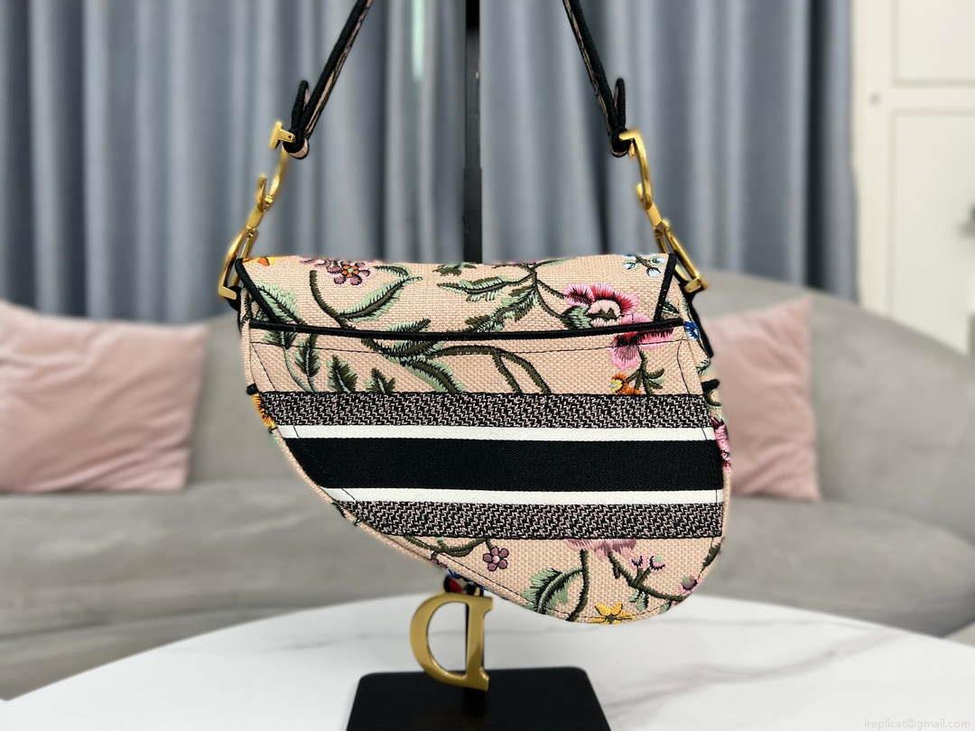 Dior M0455 Saddle Bag With Strap Pink Cross-Stitch Embroidery