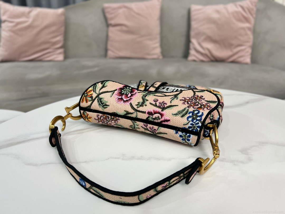 Dior M0455 Saddle Bag With Strap Pink Cross-Stitch Embroidery