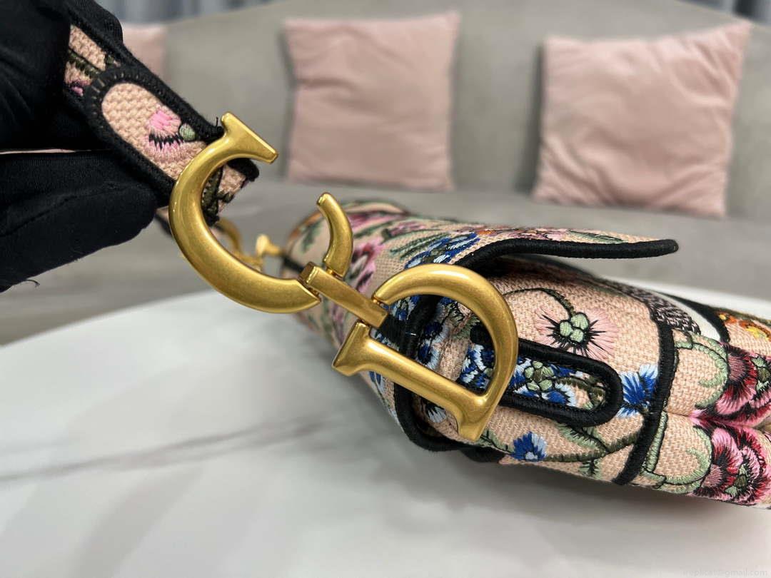 Dior M0455 Saddle Bag With Strap Pink Cross-Stitch Embroidery