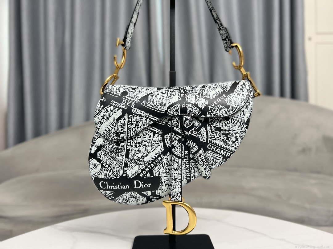 Dior M0455 Saddle Bag With Strap Black and White Ultramatte Calfskin