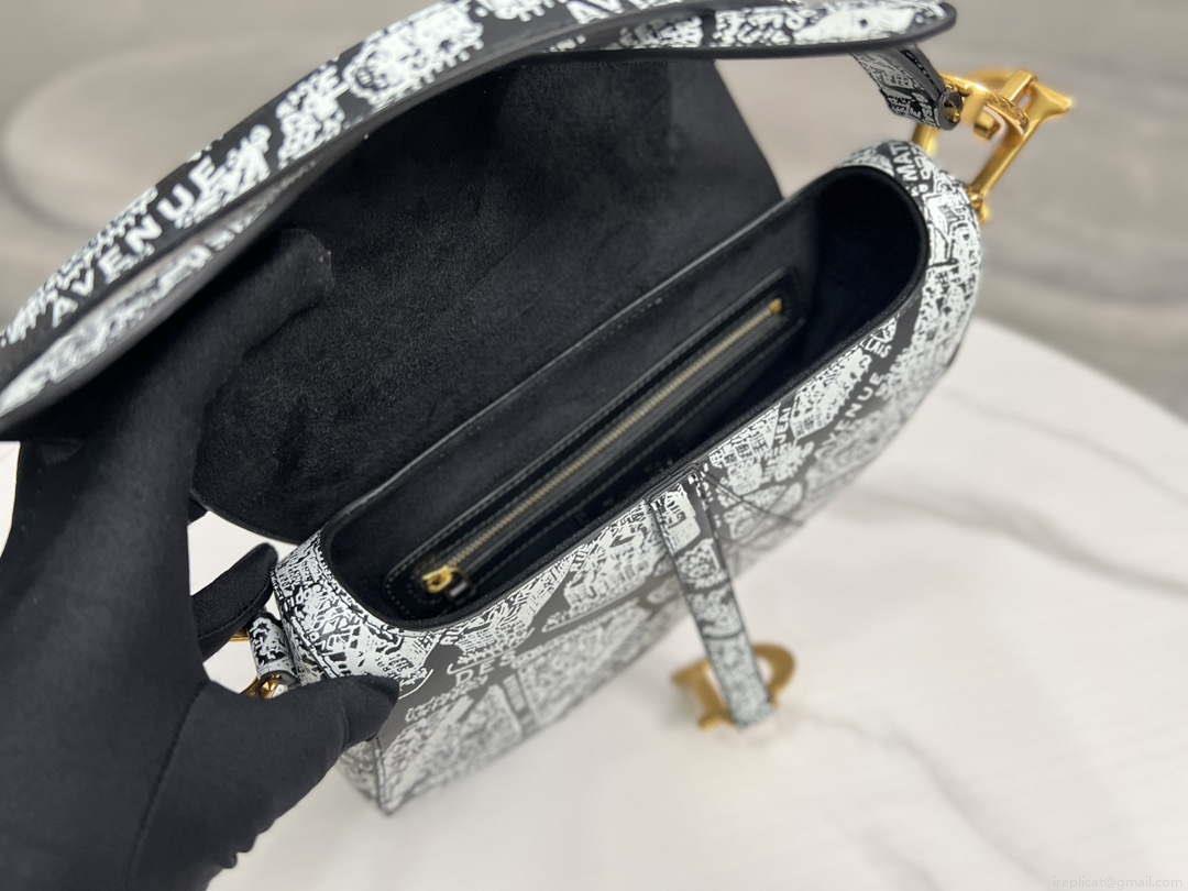 Dior M0455 Saddle Bag With Strap Black and White Ultramatte Calfskin