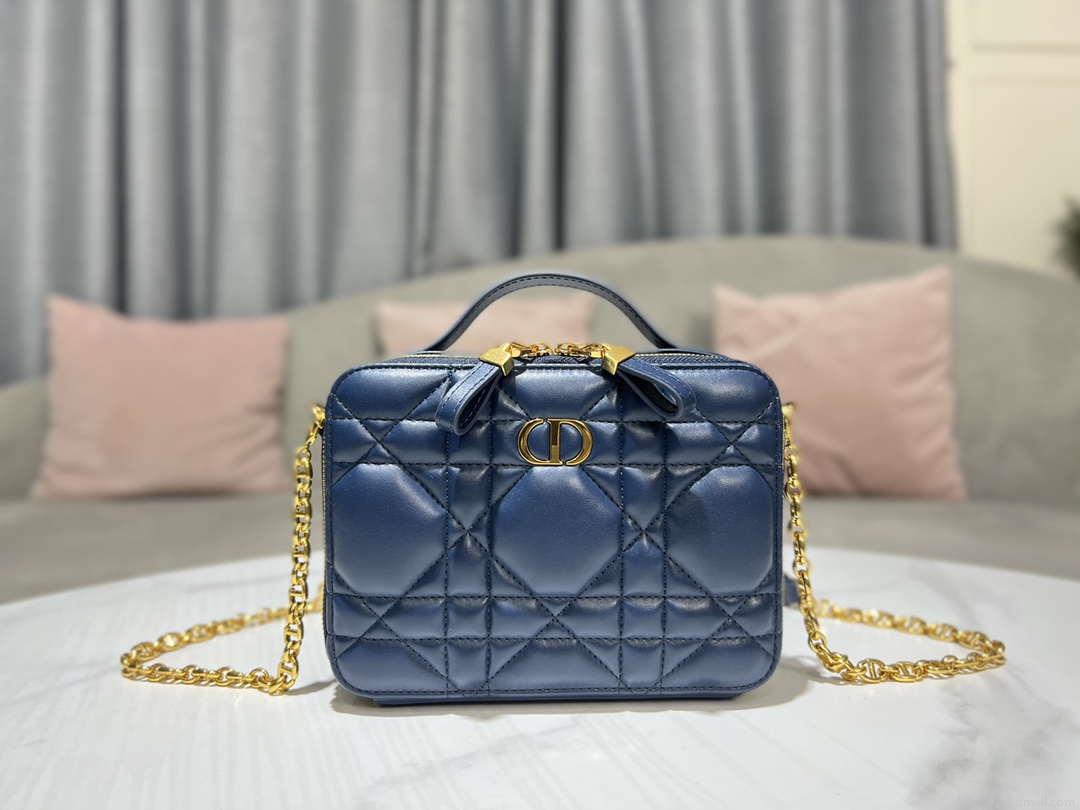 Dior S5140 Caro Box Bag Blue Quilted Macrocannage Calfskin