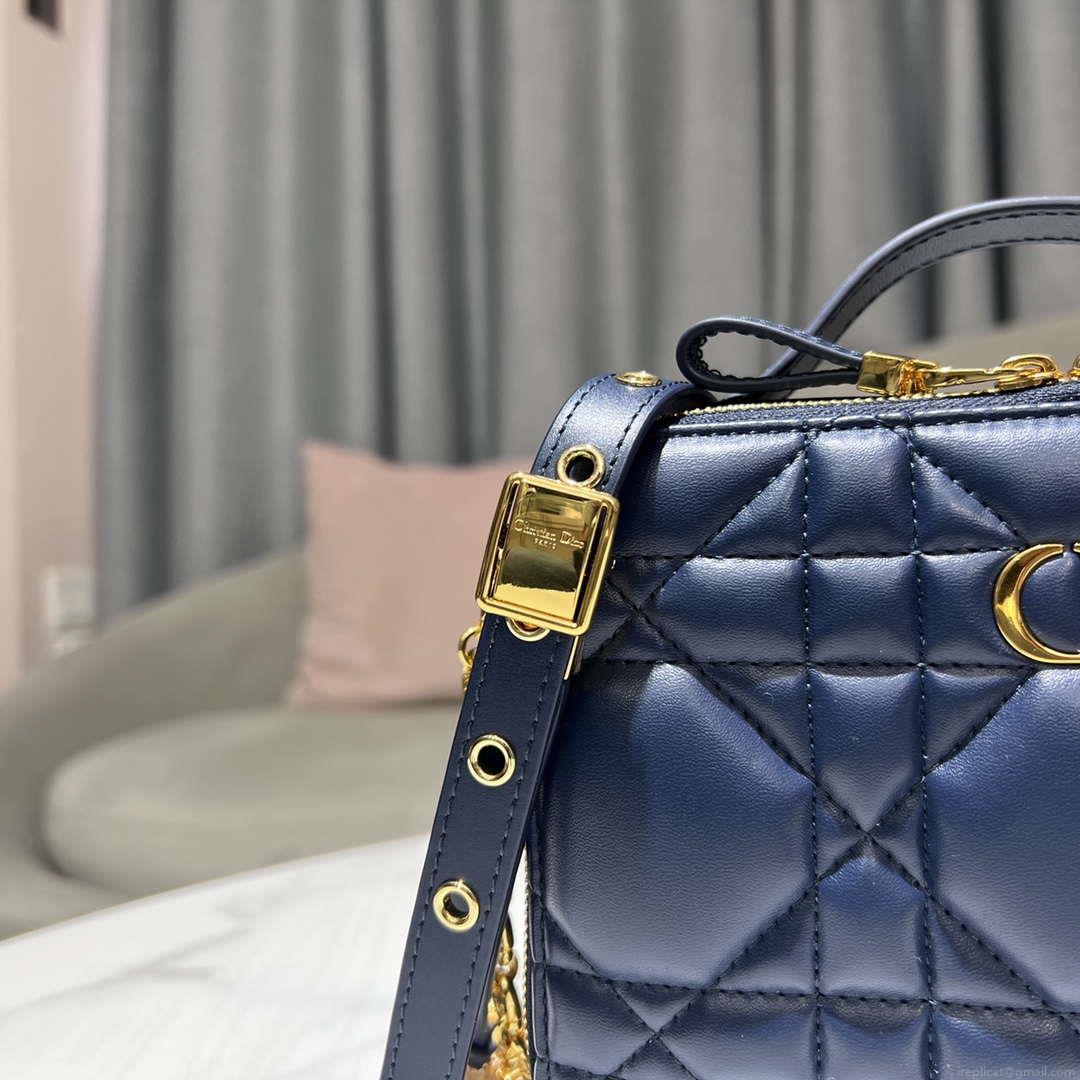 Dior S5140 Caro Box Bag Blue Quilted Macrocannage Calfskin