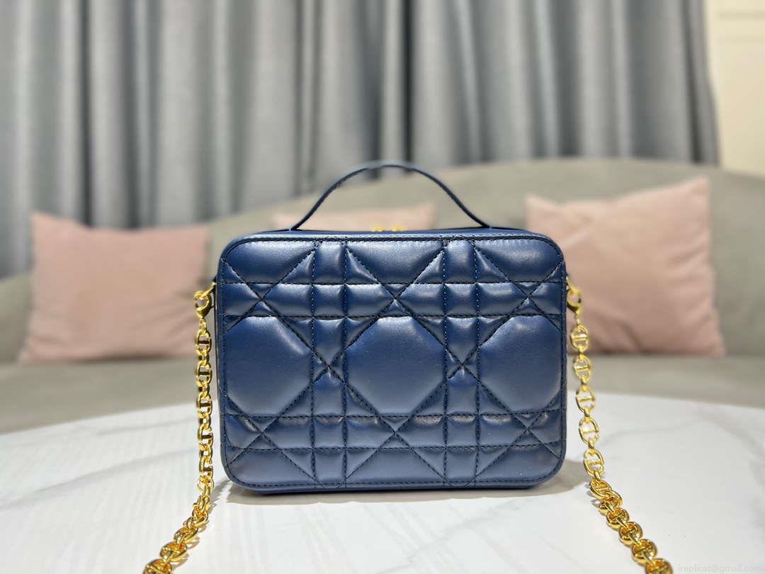 Dior S5140 Caro Box Bag Blue Quilted Macrocannage Calfskin