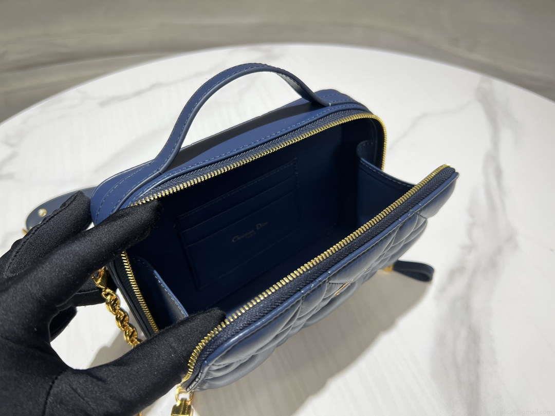 Dior S5140 Caro Box Bag Blue Quilted Macrocannage Calfskin