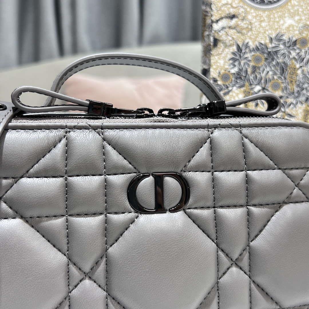Dior S5140 Caro Box Bag Gray Quilted Macrocannage Calfskin