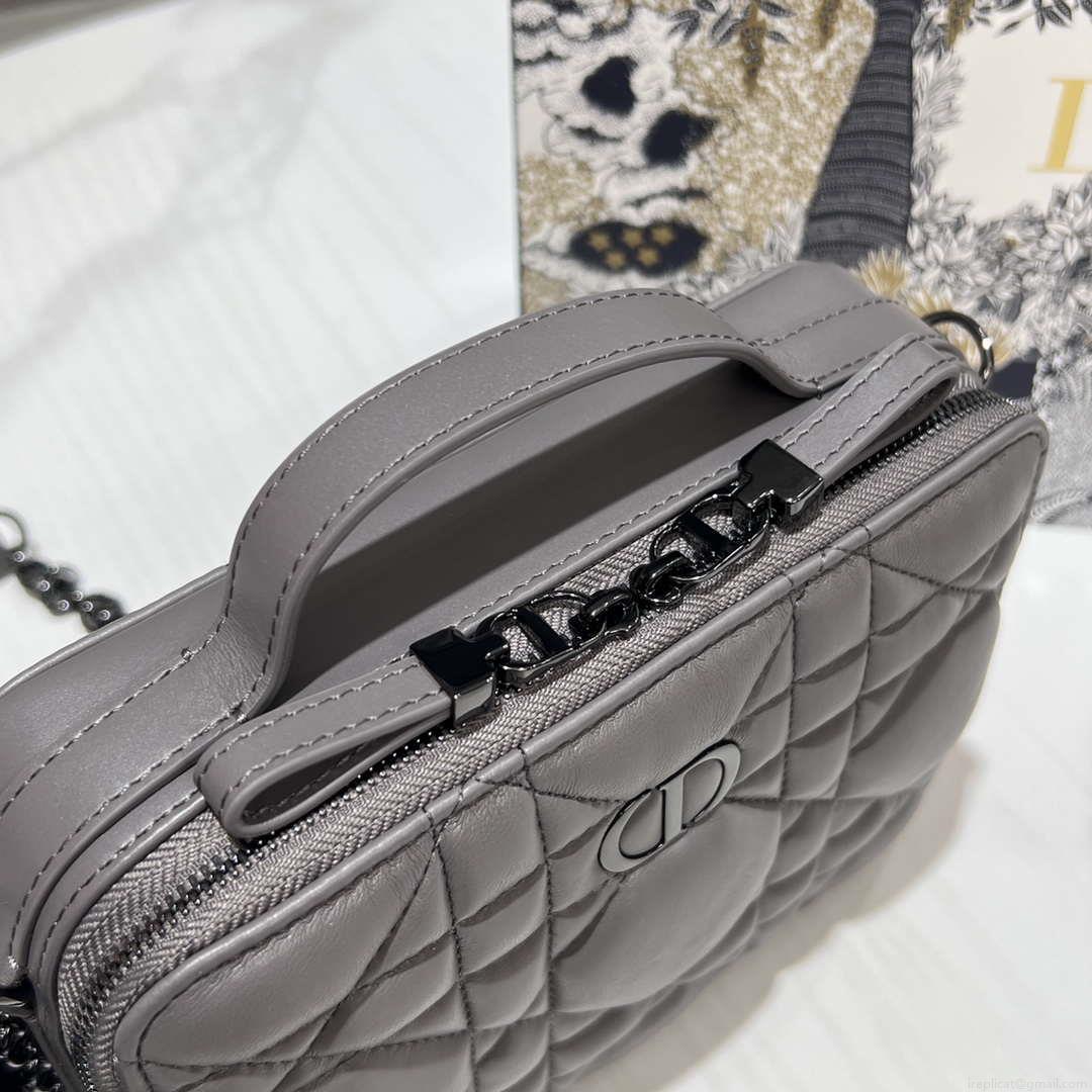 Dior S5140 Caro Box Bag Gray Quilted Macrocannage Calfskin