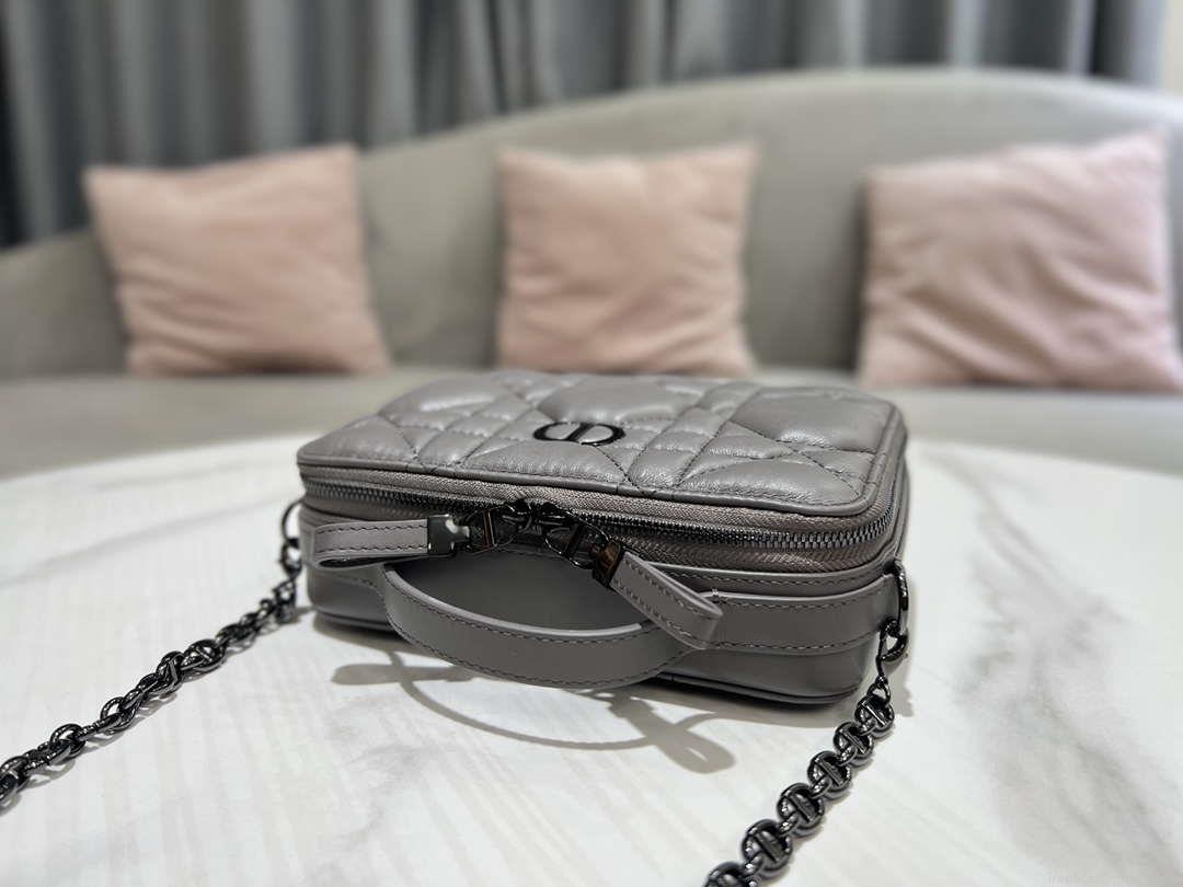 Dior S5140 Caro Box Bag Gray Quilted Macrocannage Calfskin