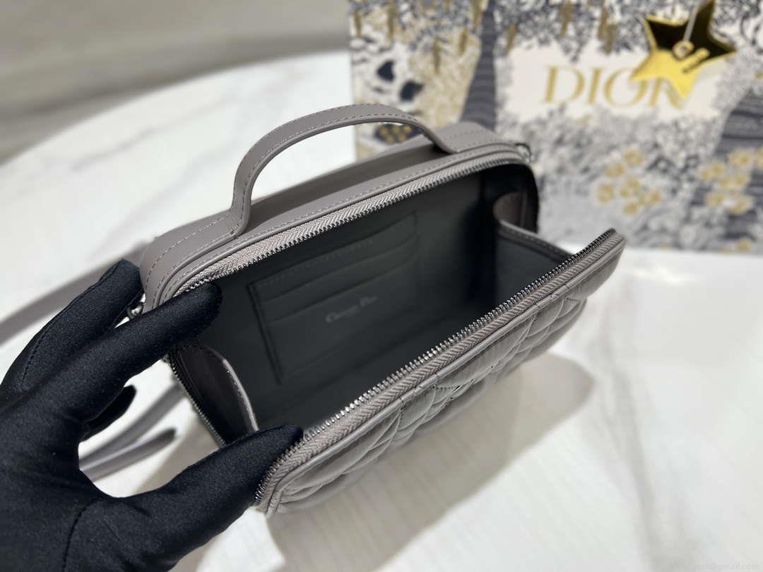 Dior S5140 Caro Box Bag Gray Quilted Macrocannage Calfskin