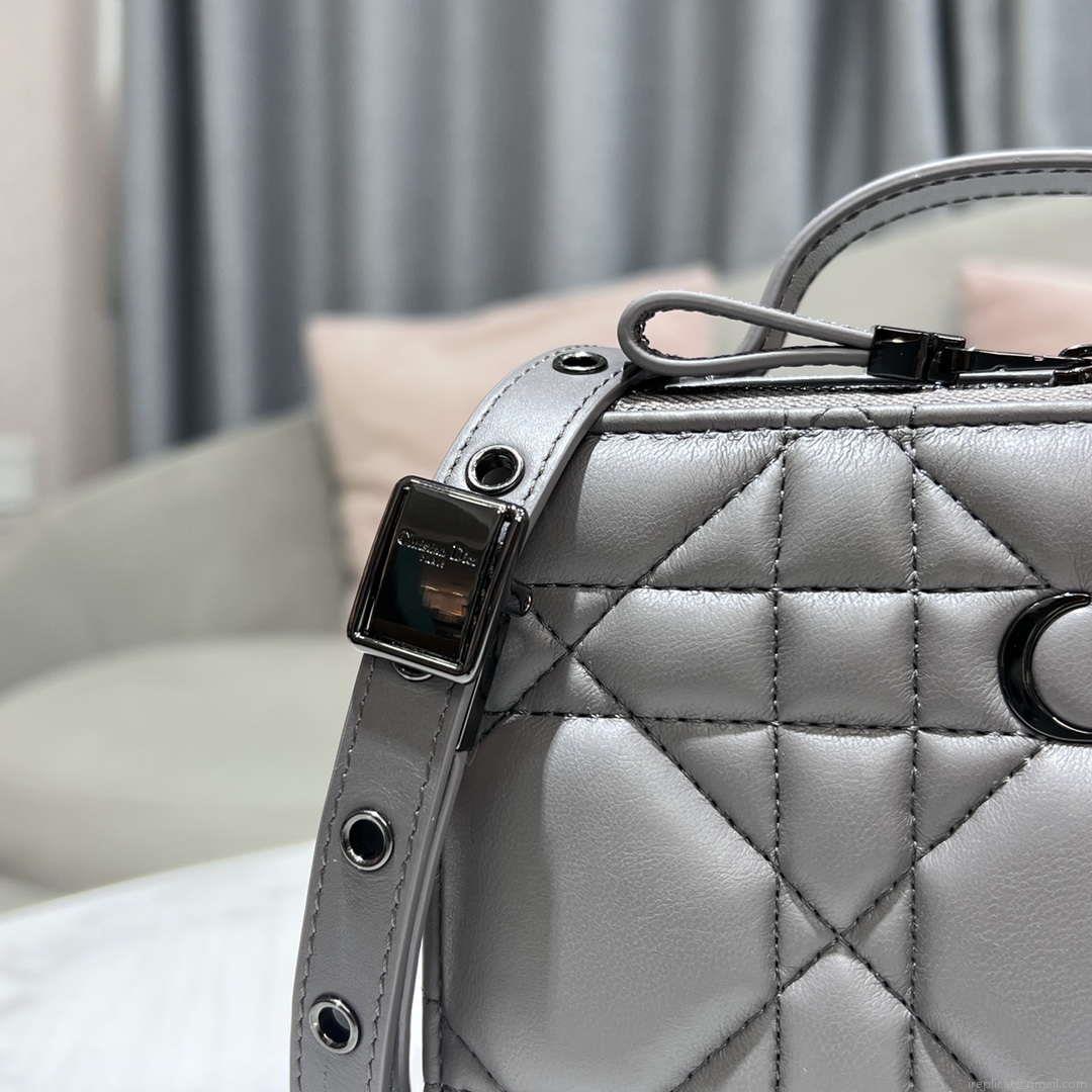 Dior S5140 Caro Box Bag Gray Quilted Macrocannage Calfskin