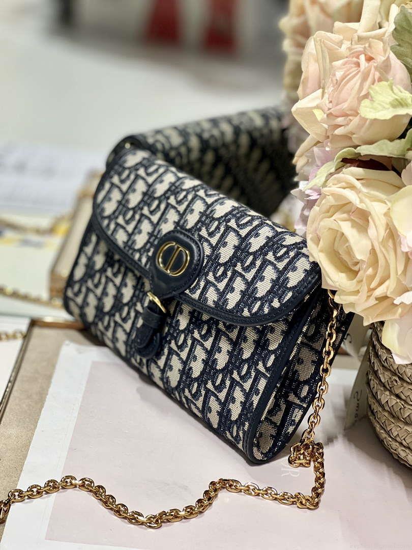 Dior S5703 Bobby EAST-WEST Pouch With Chain Blue Dior Oblique Jacquard