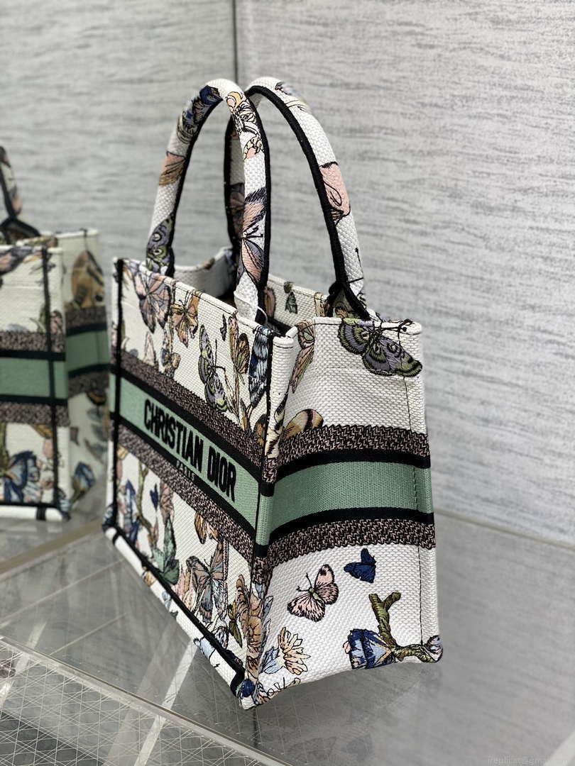 Dior M1265 Small Book Tote White and Pastel Midnight Green Toile de Jouy Mexico Embroidery