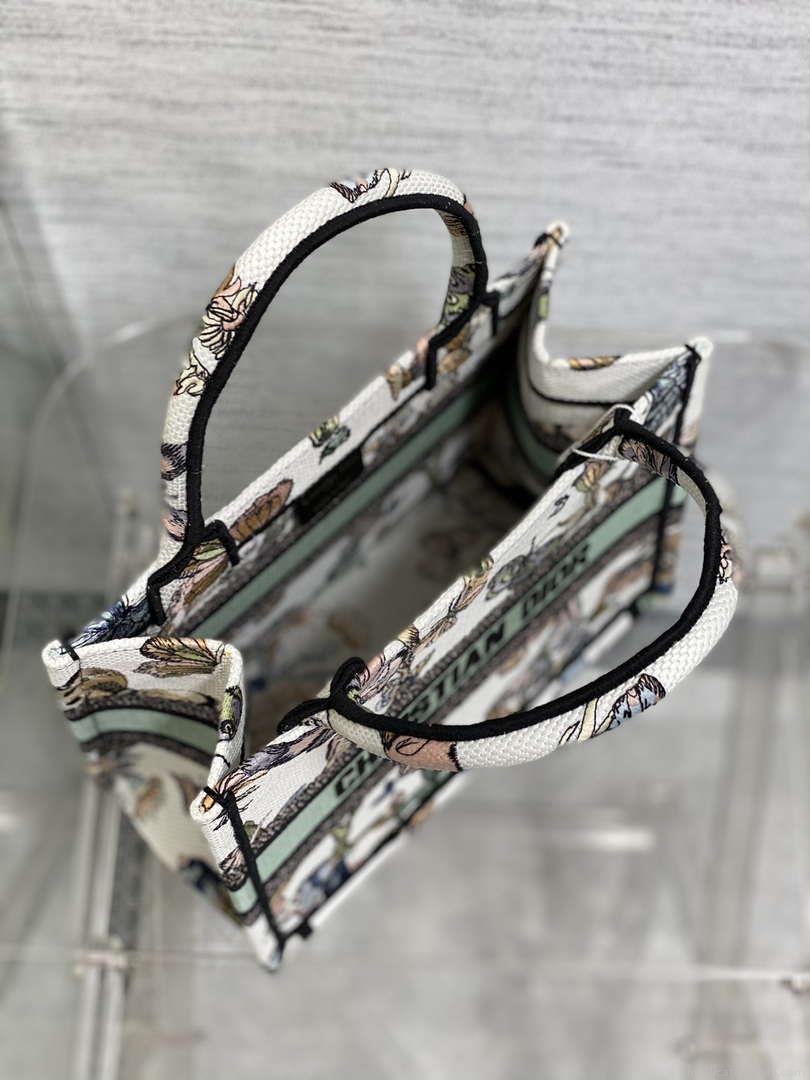 Dior M1265 Small Book Tote White and Pastel Midnight Green Toile de Jouy Mexico Embroidery