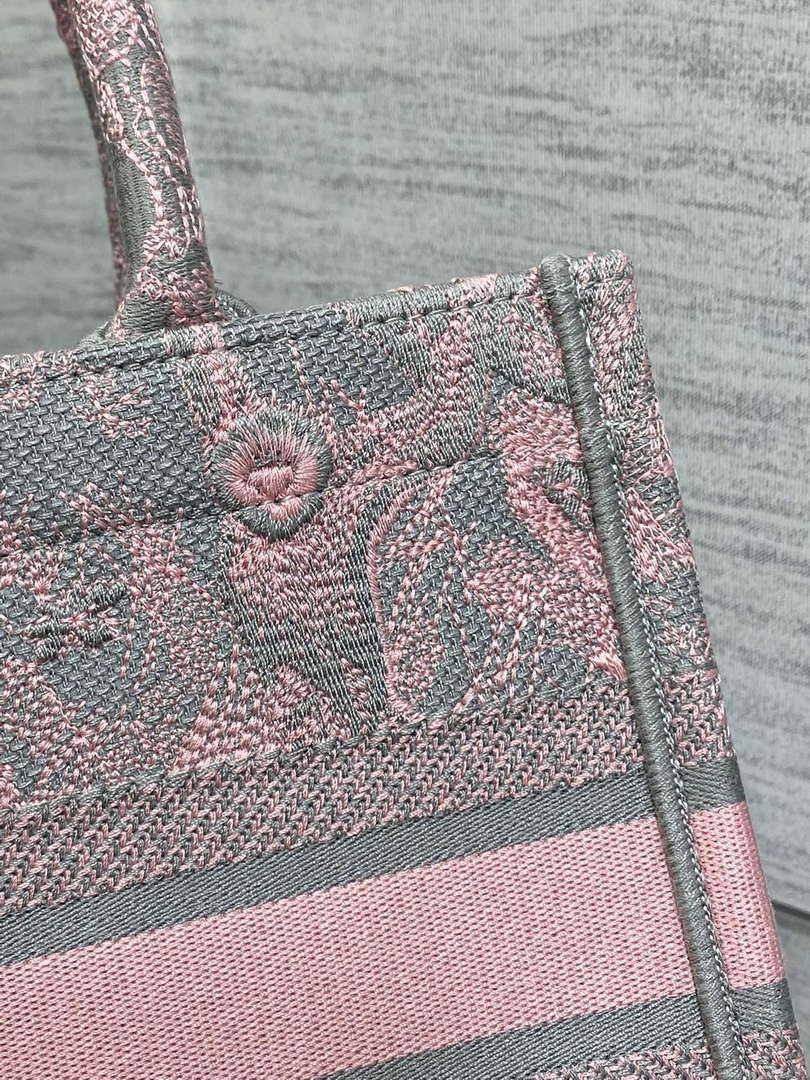 Dior M1265 Small Book Tote Pink and Gray Toile de Jouy Sauvage Embroidery