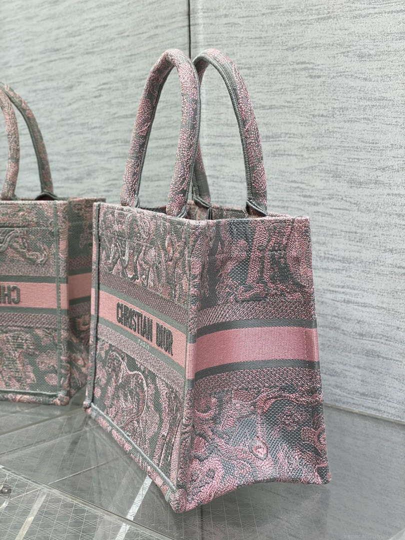 Dior M1265 Small Book Tote Pink and Gray Toile de Jouy Sauvage Embroidery