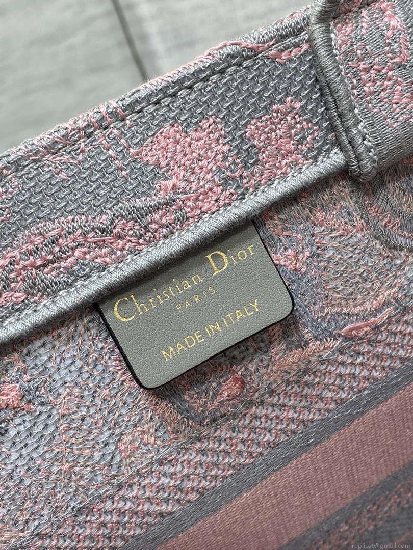 Dior M1265 Small Book Tote Pink and Gray Toile de Jouy Sauvage Embroidery