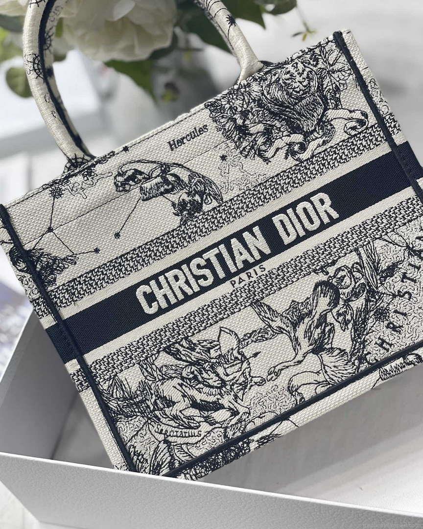 Dior M1265 Small Book Tote Latte and Black Toile de Jouy Zodiac Embroidery M9615