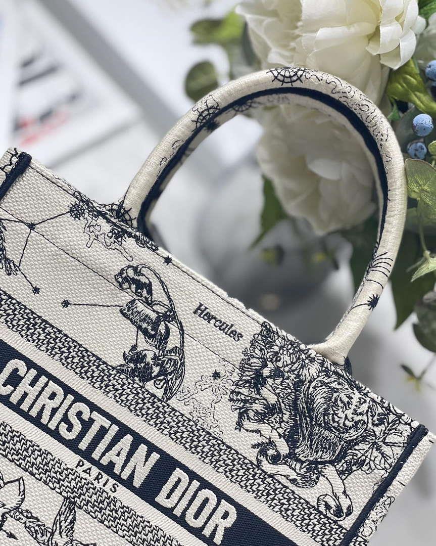 Dior M1265 Small Book Tote Latte and Black Toile de Jouy Zodiac Embroidery M9615