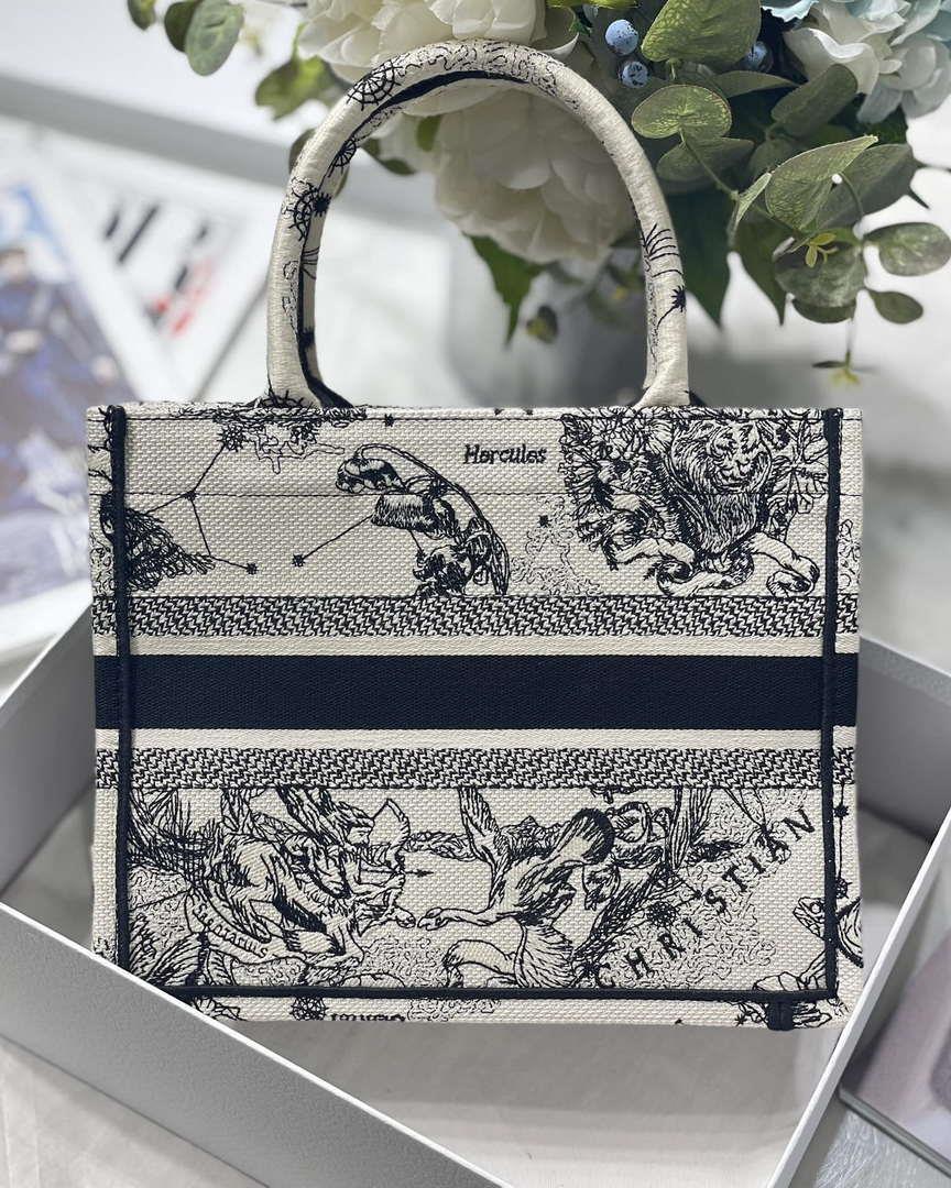 Dior M1265 Small Book Tote Latte and Black Toile de Jouy Zodiac Embroidery M9615
