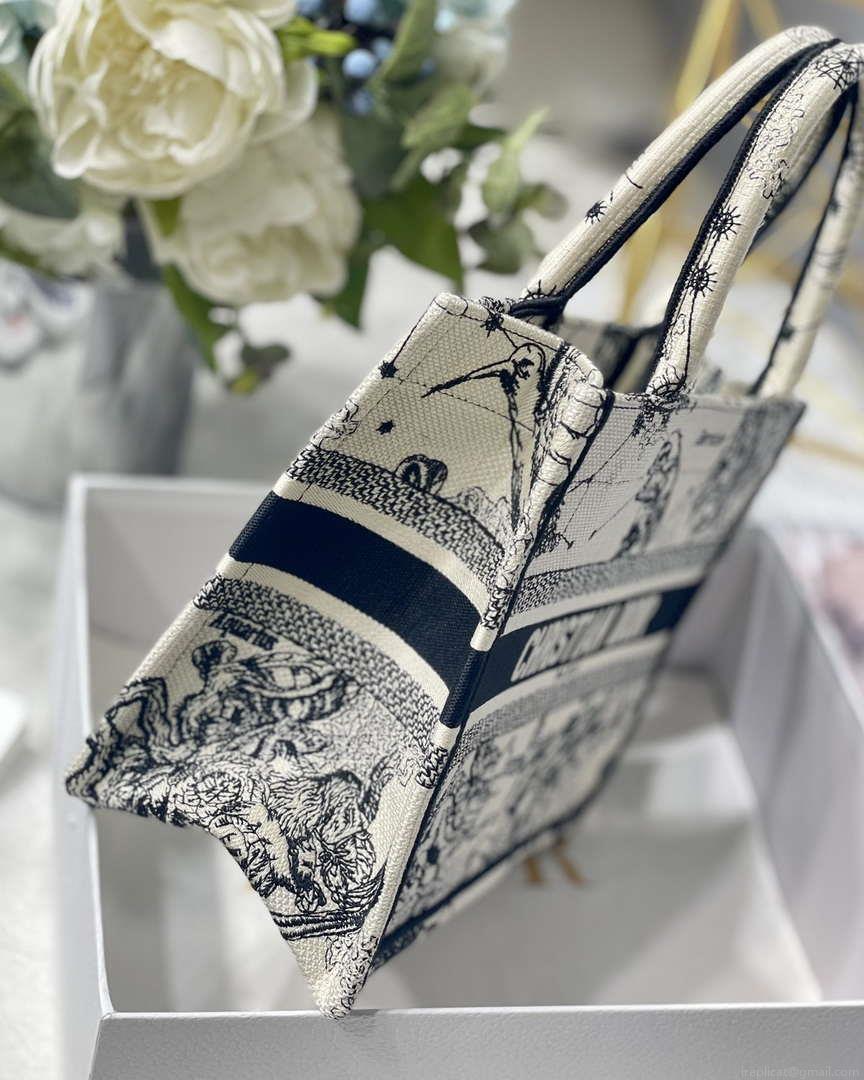 Dior M1265 Small Book Tote Latte and Black Toile de Jouy Zodiac Embroidery M9615