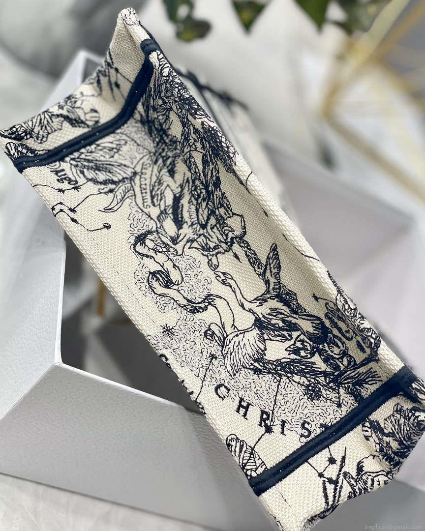 Dior M1265 Small Book Tote Latte and Black Toile de Jouy Zodiac Embroidery M9615