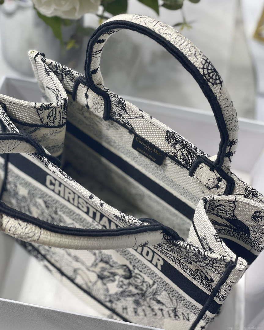 Dior M1265 Small Book Tote Latte and Black Toile de Jouy Zodiac Embroidery M9615