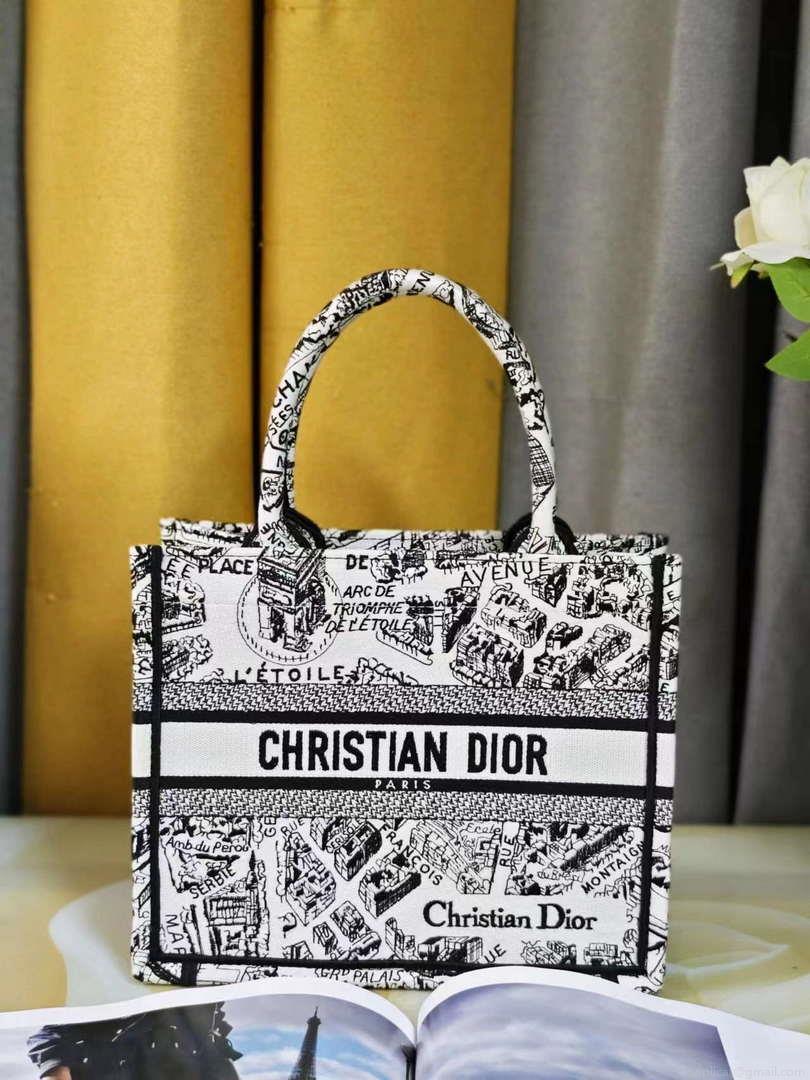 Dior M1265 Small Book Tote White and Black Plan de Paris Embroidery M9616