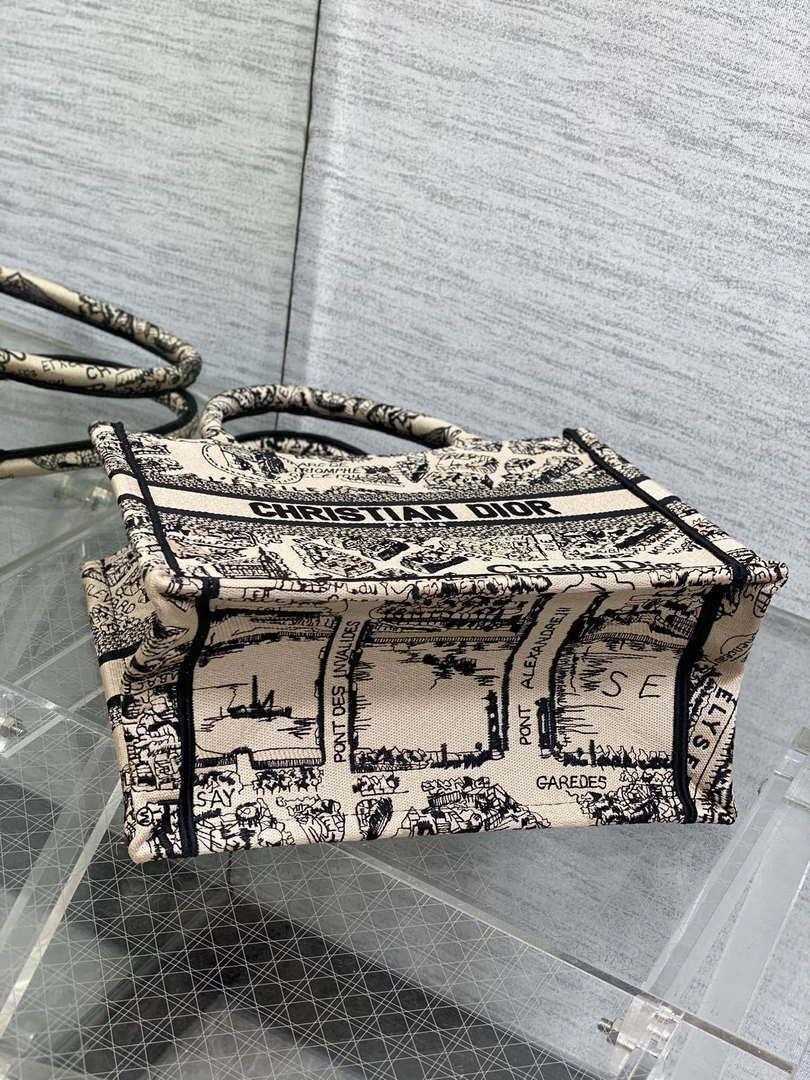 Dior M1265 Small Book Tote Tan and Black Plan de Paris Embroidery M9617