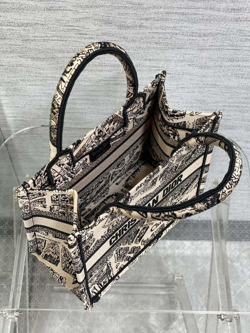 Dior M1265 Small Book Tote Tan and Black Plan de Paris Embroidery M9617