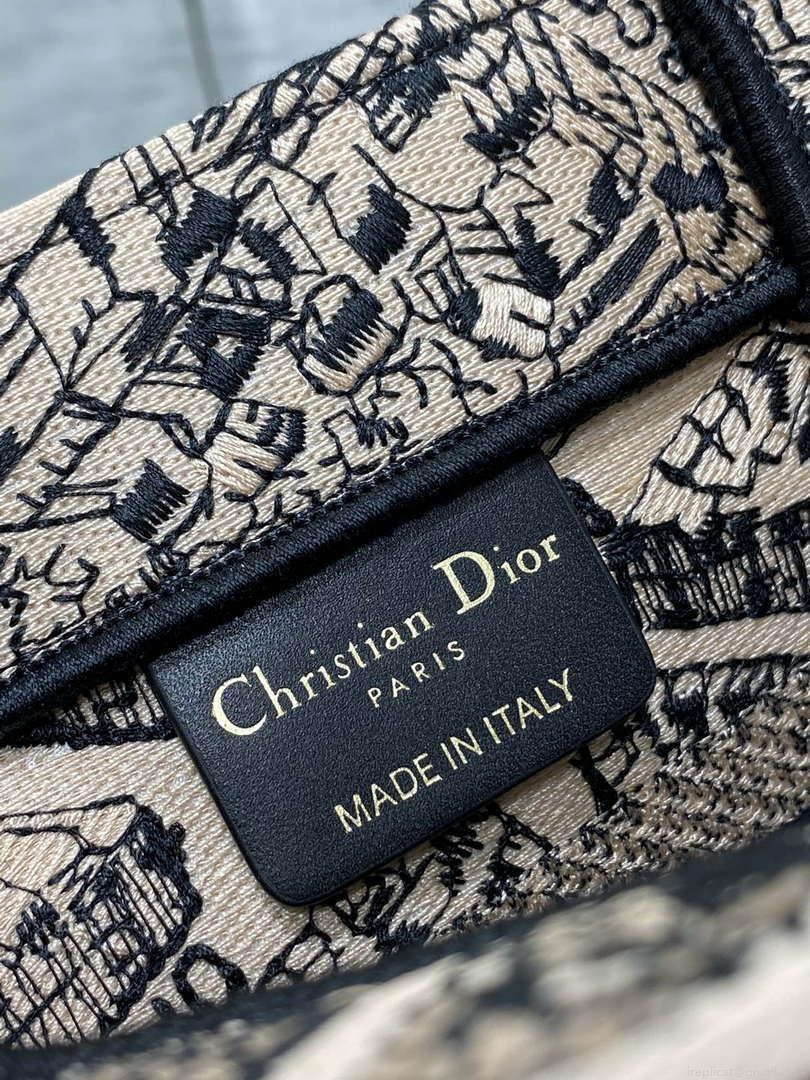 Dior M1265 Small Book Tote Tan and Black Plan de Paris Embroidery M9617