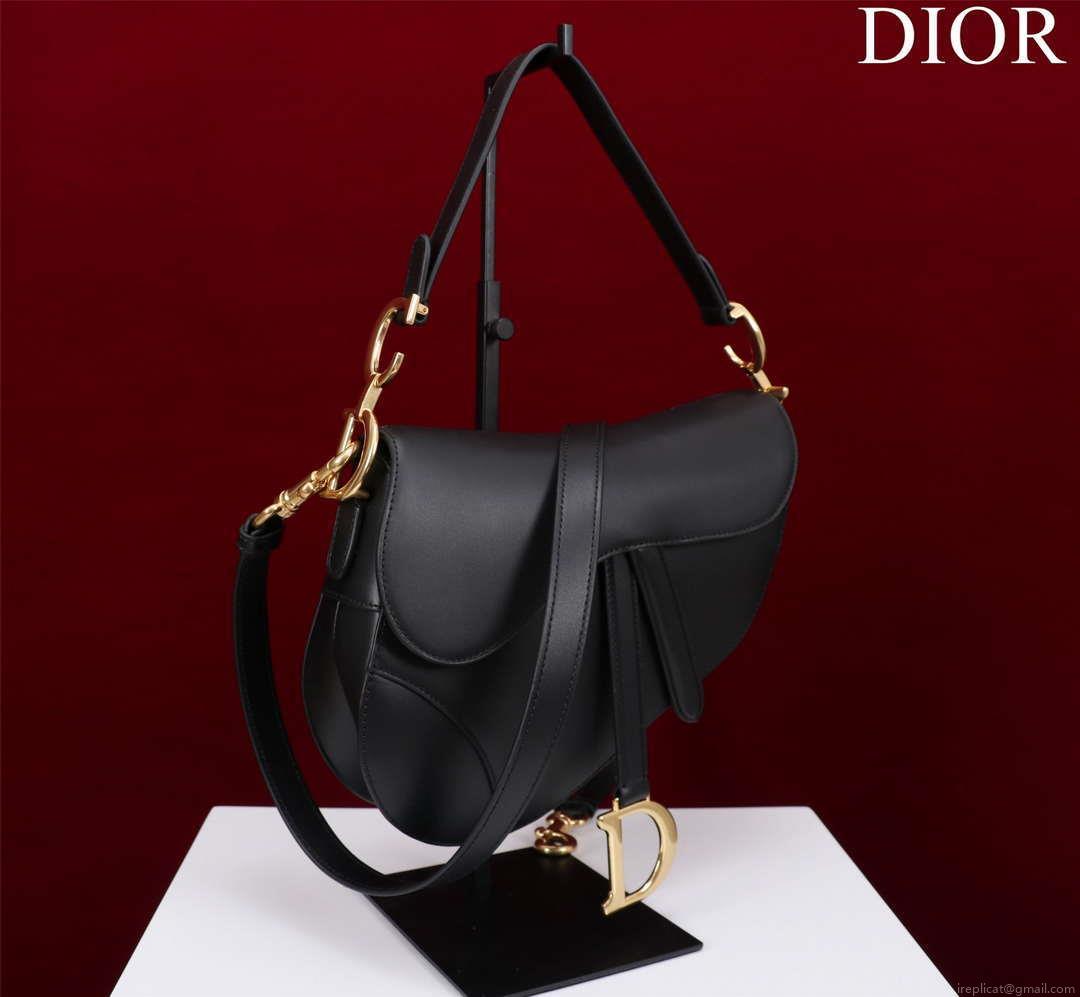 Dior M0455 Saddle Bag With Strap plain weave Black Calfskin M0456