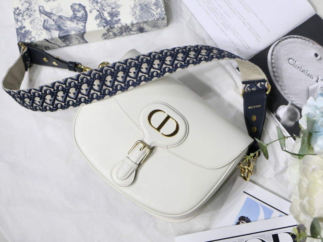 Dior M9320 Large Dior Bobby Bag Latte Box Calfskin With Blue Oblique Embroidered Strap
