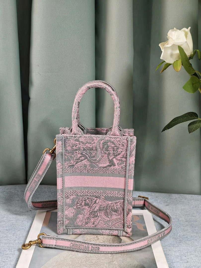 Dior S5555 Mini Dior Book Tote Phone Bag Gray and Pink Toile de Jouy Reverse Embroidery