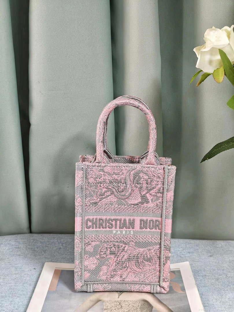Dior S5555 Mini Dior Book Tote Phone Bag Gray and Pink Toile de Jouy Reverse Embroidery