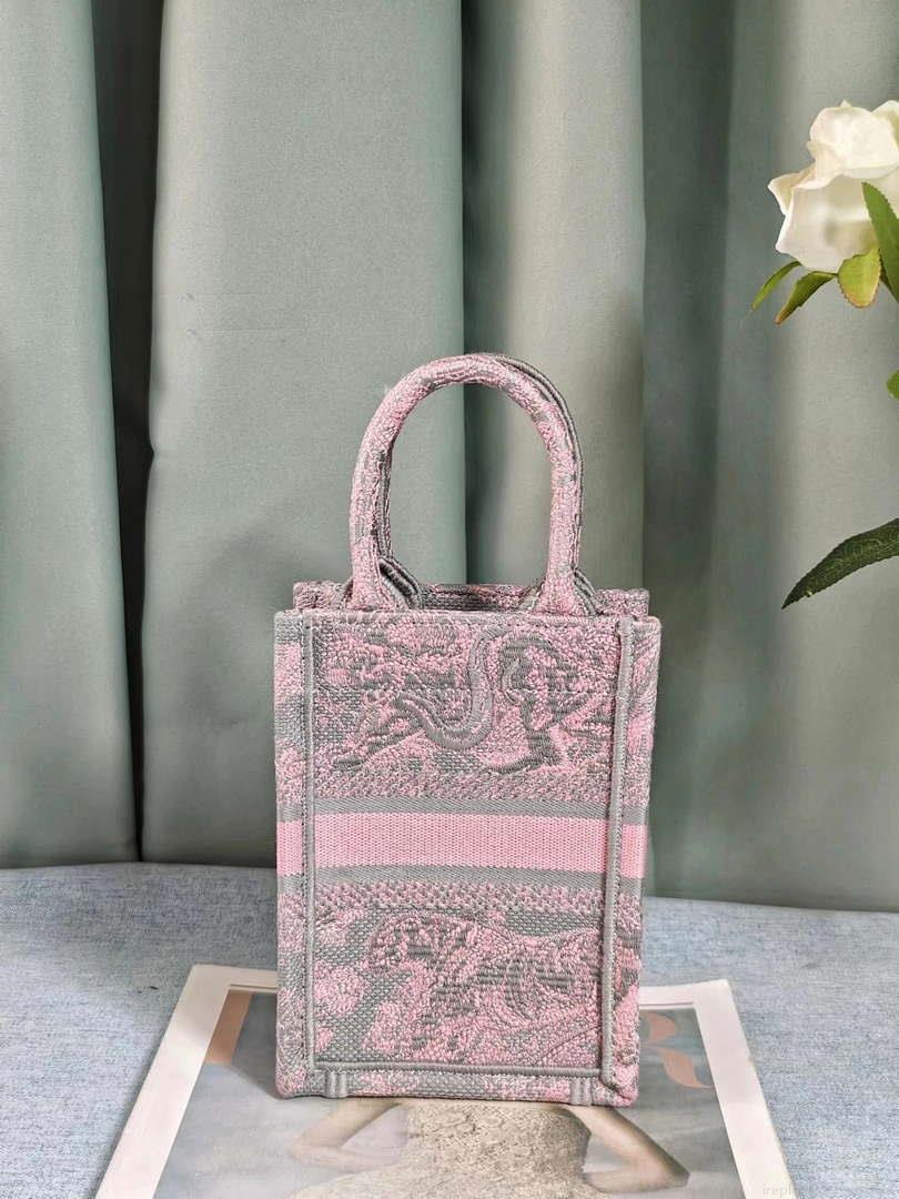 Dior S5555 Mini Dior Book Tote Phone Bag Gray and Pink Toile de Jouy Reverse Embroidery