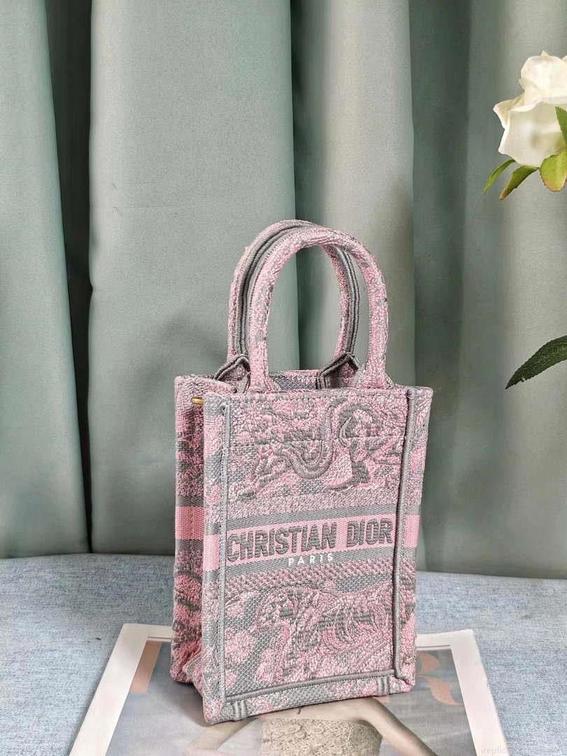 Dior S5555 Mini Dior Book Tote Phone Bag Gray and Pink Toile de Jouy Reverse Embroidery