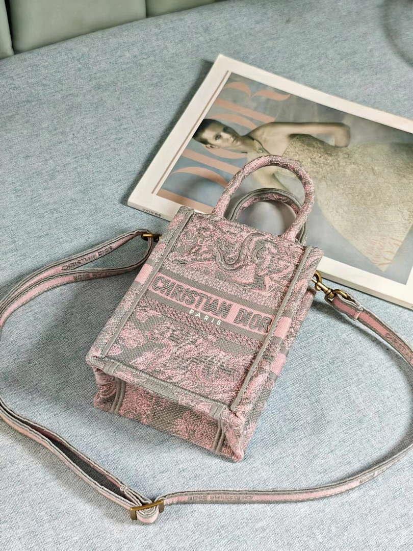 Dior S5555 Mini Dior Book Tote Phone Bag Gray and Pink Toile de Jouy Reverse Embroidery