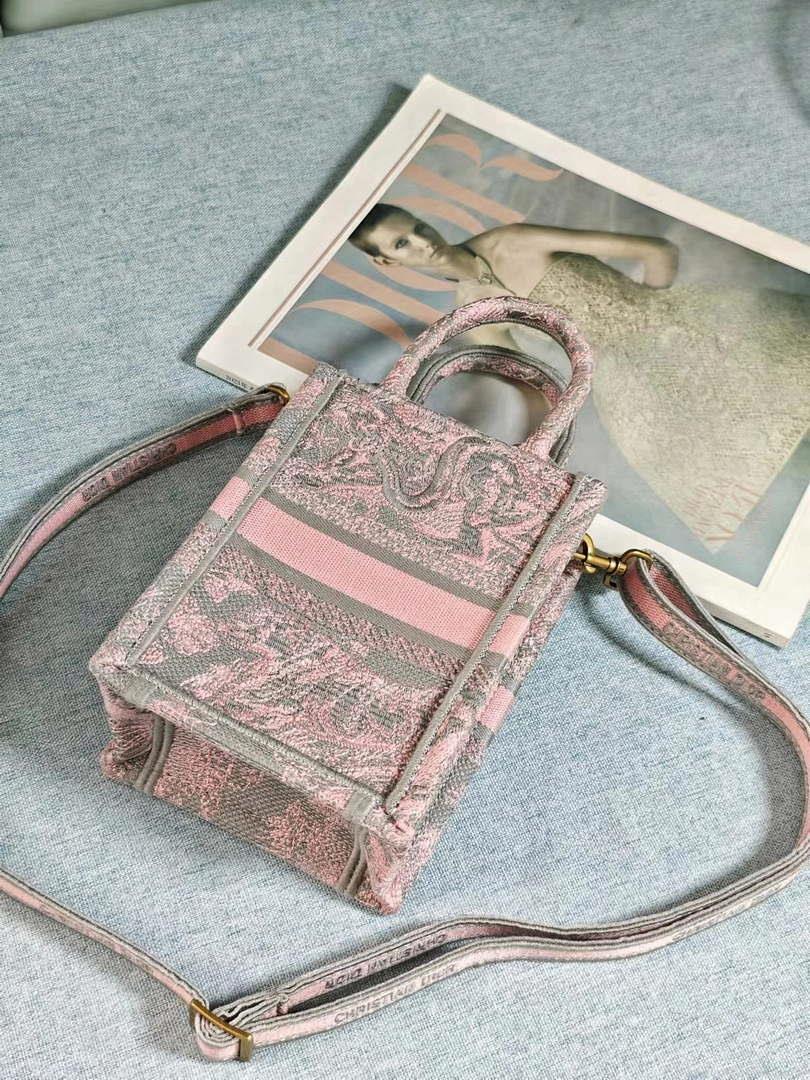 Dior S5555 Mini Dior Book Tote Phone Bag Gray and Pink Toile de Jouy Reverse Embroidery