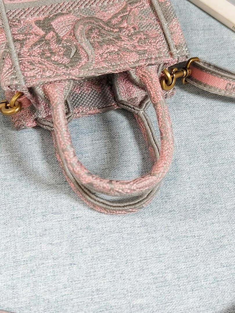 Dior S5555 Mini Dior Book Tote Phone Bag Gray and Pink Toile de Jouy Reverse Embroidery