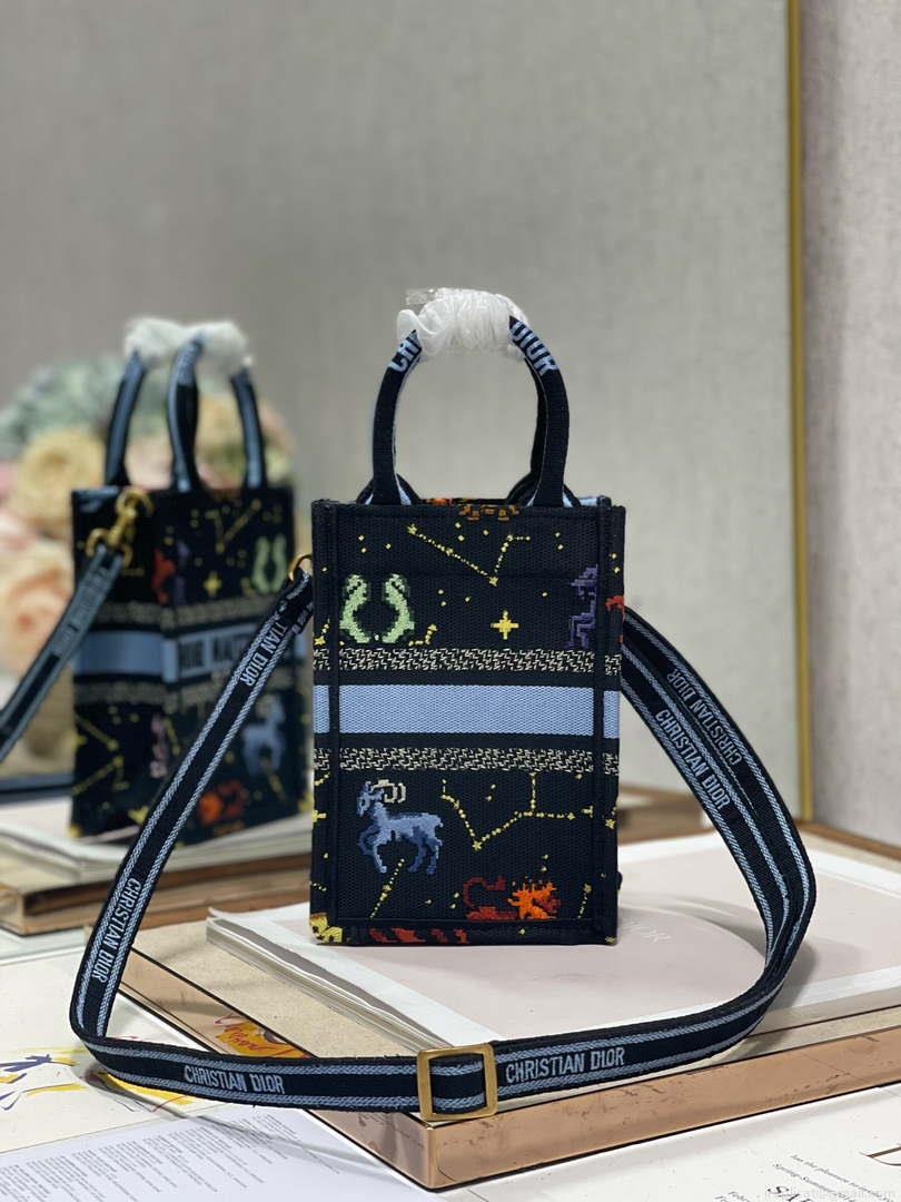 Dior S5555 Mini Dior Book Tote Phone Bag black multicolor petites fleurs embroidery