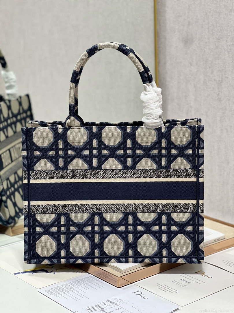 Dior Book Tote M1296 Medium Beige and Blue Macrocannage Embroidery M0080