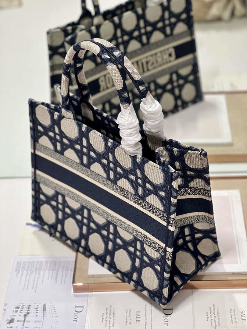 Dior Book Tote M1296 Medium Beige and Blue Macrocannage Embroidery M0080