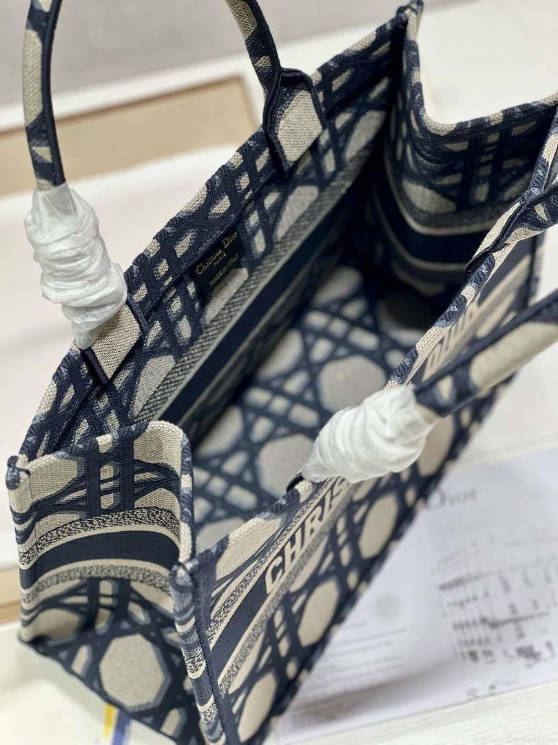 Dior Book Tote M1296 Medium Beige and Blue Macrocannage Embroidery M0080