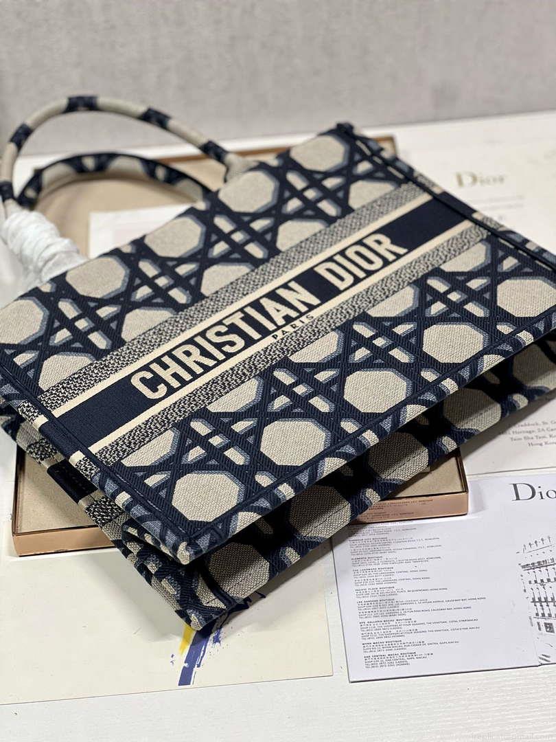 Dior Book Tote M1296 Medium Beige and Blue Macrocannage Embroidery M0080