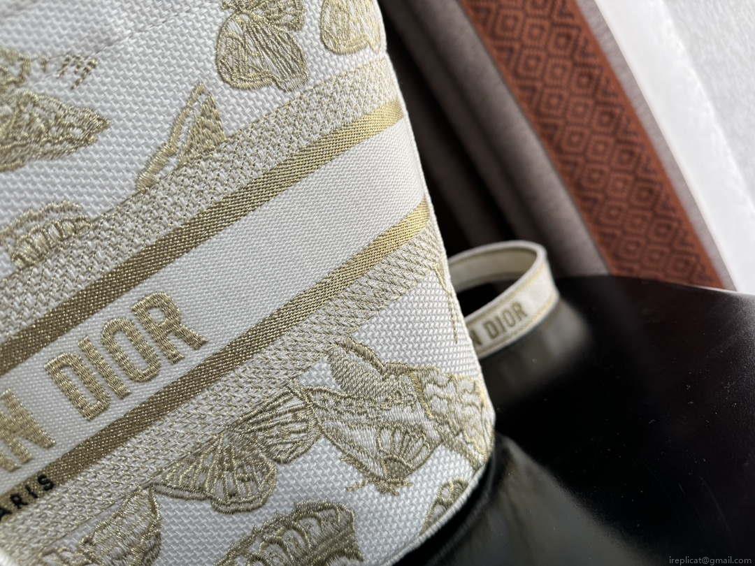 Dior M1328 Hat Basket Bag White and Gold-tone Gradient Butterflies Embroidery