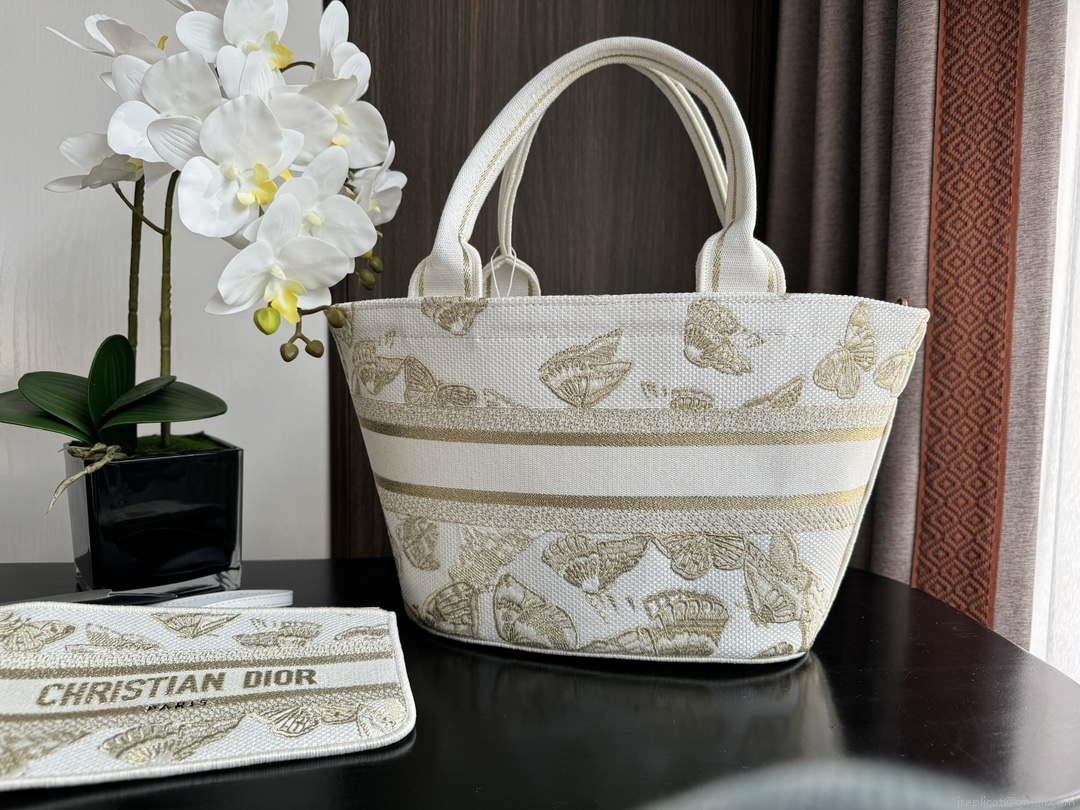 Dior M1328 Hat Basket Bag White and Gold-tone Gradient Butterflies Embroidery